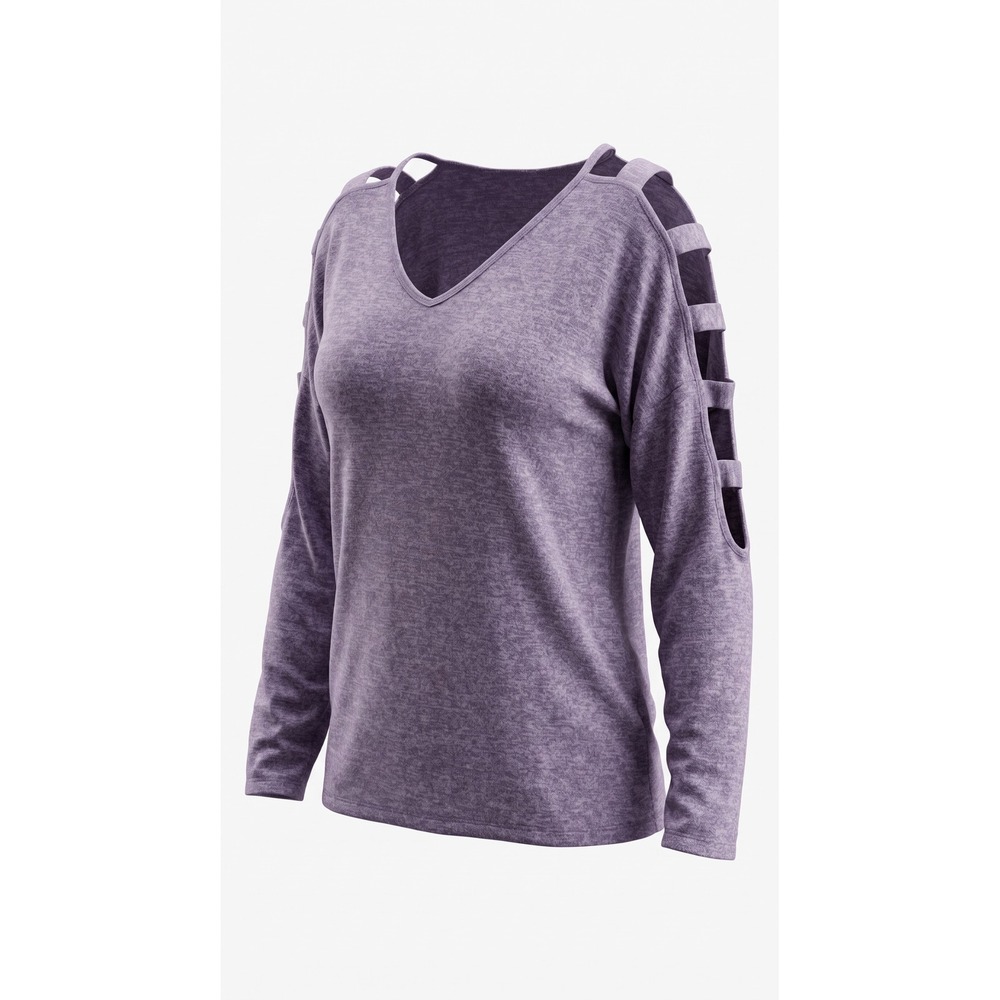 PerSeption Concept Purple Heathered Cutout Shoulder Long Sleeve Top V-Neck Large
